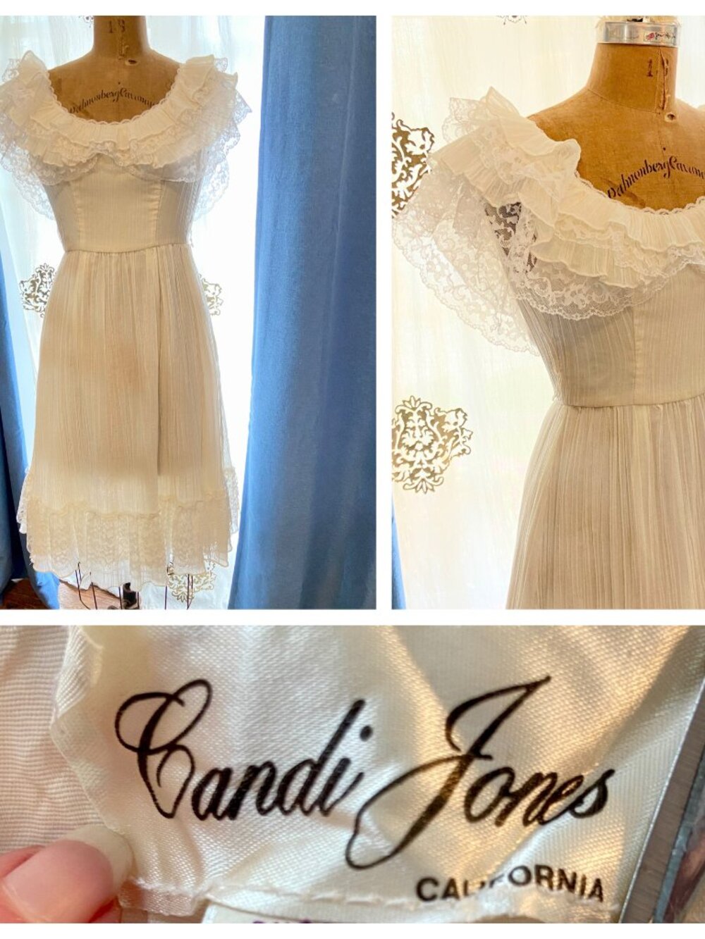 Vintage 70s CANDI JONES CA White Ruffled Lace Gauze Dress Victorian Prairie 5